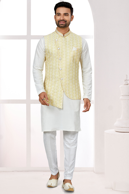 White Silk Men's Kurta Pajama With Embroidered Jacket 