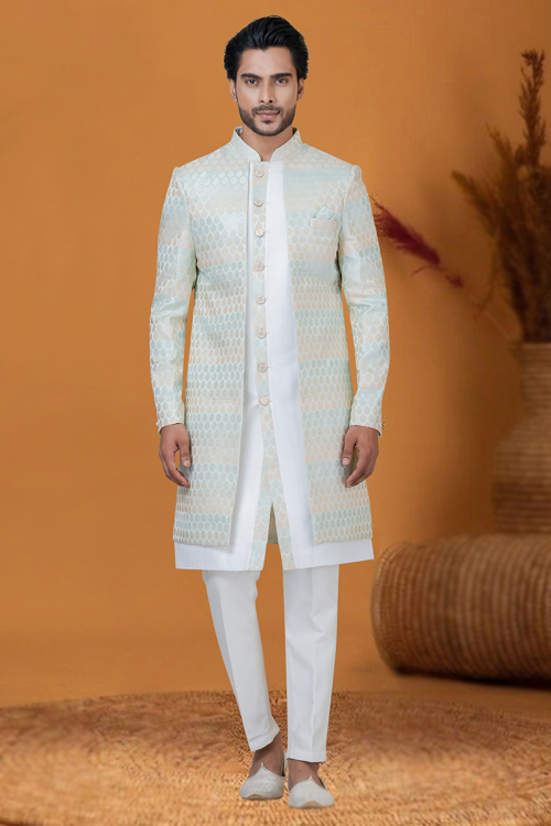 White Silk Weaved Jacket Style Men's Sherwani