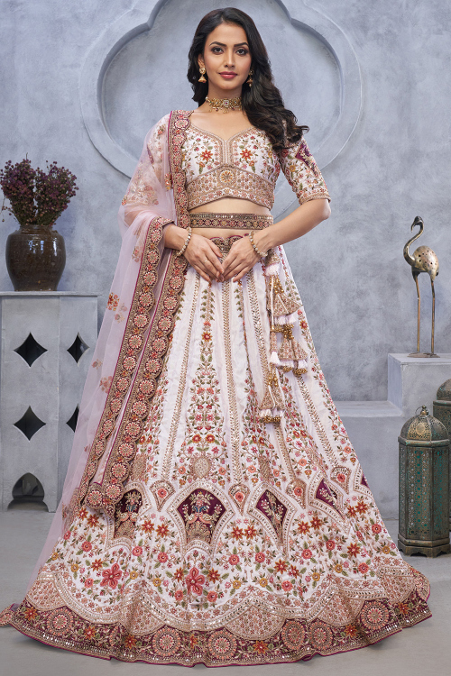 White Silk Zari Embroidered Panelled Style Lehenga 