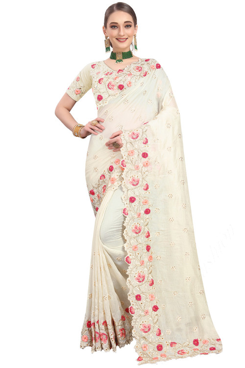 White Vichitra Silk Indian Wear Saree