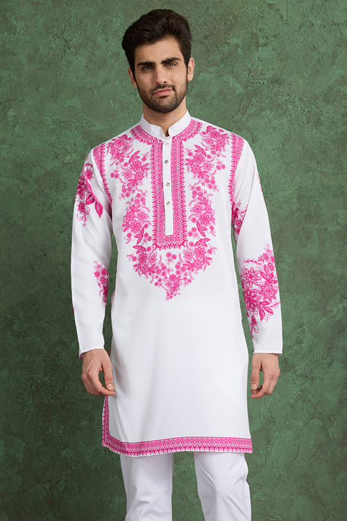 White Viscose Men’s Kurta with Printed Work For Casual Wear
