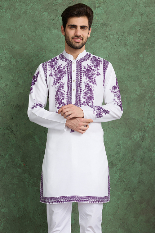 White Viscose Men’s Kurta with Printed Work For Casual Wear