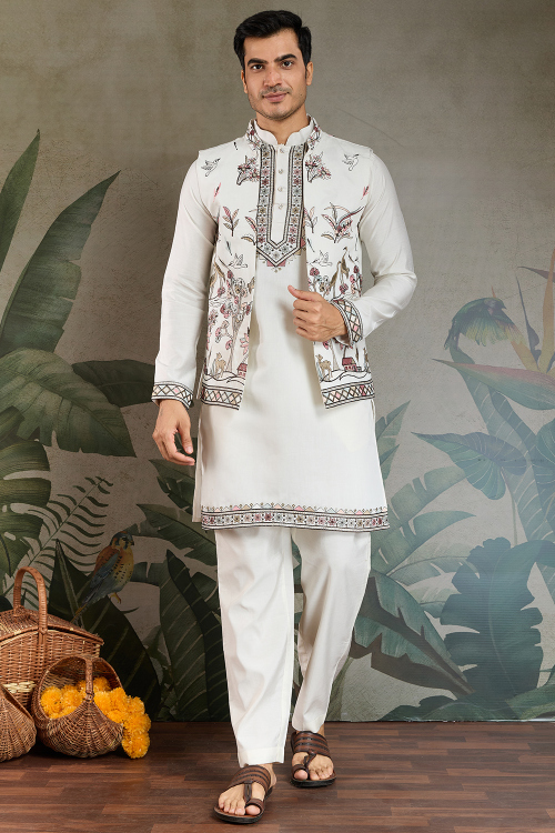 White Viscose Silk Men's Kurta Pajama With Embroidered Jacket