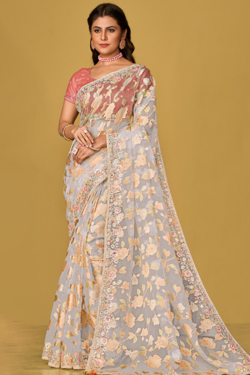 White Weaved Thread Lightweight Brasso Saree 