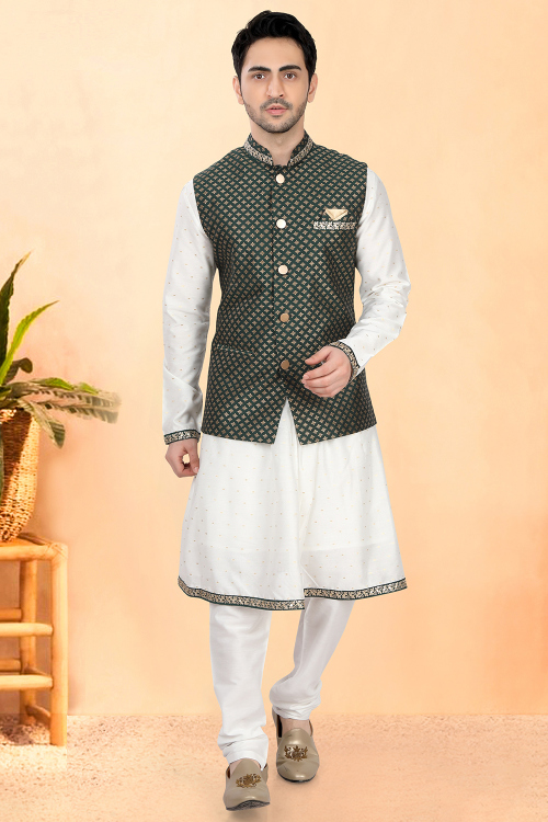 White Woven Zari Peshwai Style Kurta Churidar For Festival