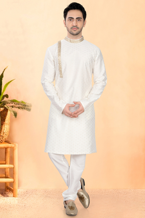 White Woven Zari Straight Cut Kurta Churidar For Festival