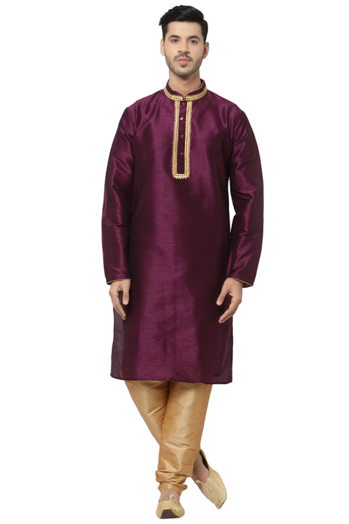 Wine Dupion Silk Churidar Men Kurta