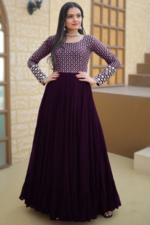 Wine Georgette Embroidered Gown