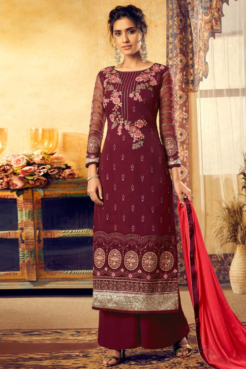 Wine Georgette Palazzo Pant Suit With Resham Work