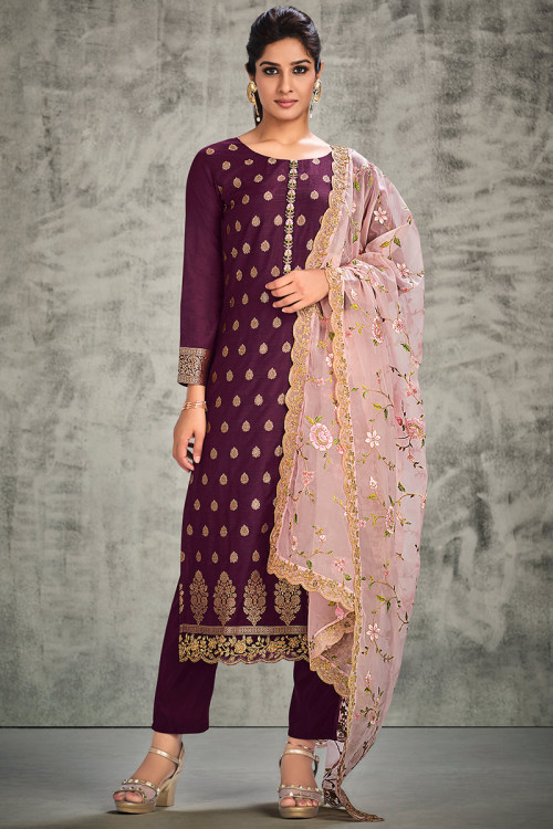 Wine Jacquard Straight Cut Embroidered Trouser Suit