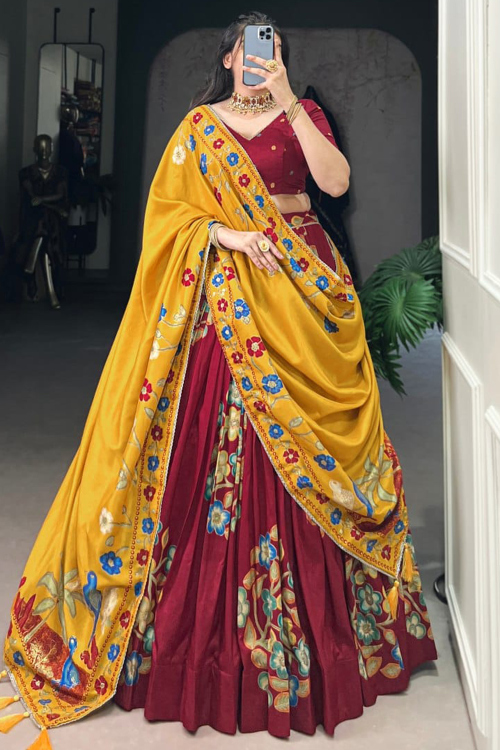 Wine Maroon A Line Silk Blend Printed Lehenga For Festival 