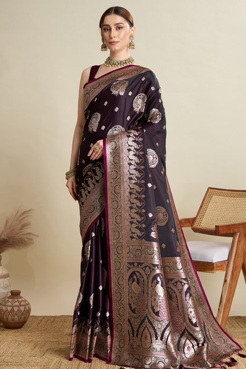 Wine Maroon Art Silk Broad Border Saree With Weaved Work