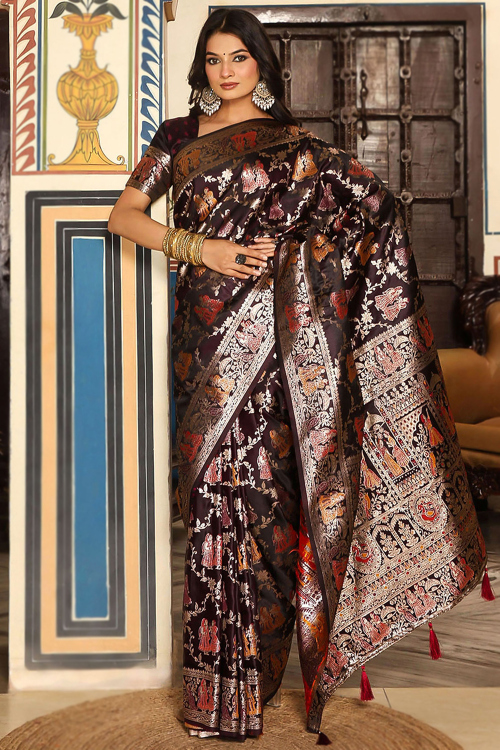 Wine Maroon Art Silk Broad Border Saree With Weaved Work