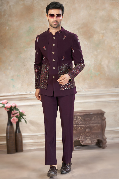 Wine Maroon Art Silk Embroidered Men's Sherwani For Wedding