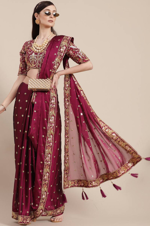 Party Wear Saree in Art Silk Wine Maroon for Party 