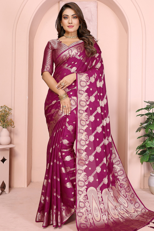 Wine Maroon Art Silk Woven Zari Broad Border Saree 