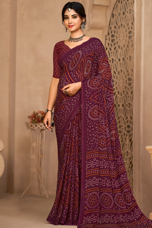 Wine Maroon Bandhej Printed Chiffon Casual Wear Saree