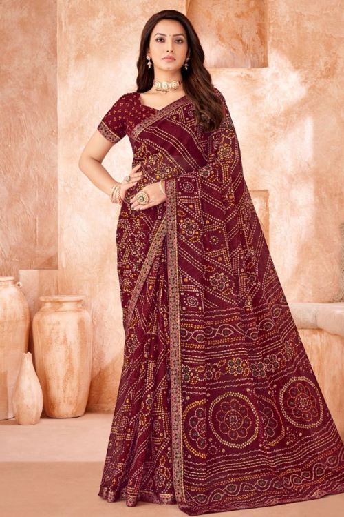 Wine Maroon Chiffon Bandhej Print Casual Wear Saree 