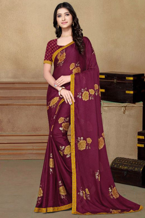Mustard Yellow Blouse Trendy Coin Embroidery Contrast Maroon Saree.