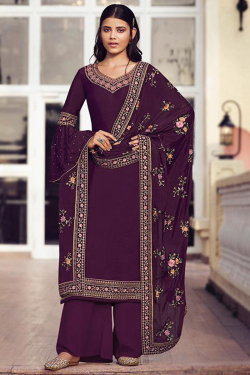 Wine Maroon Chinnon Embroidered Straight Cut Palazzo Suit