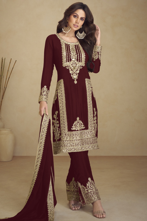 Wine Maroon Georgette Zari Embroidered Straight Cut Trouser Suit for Wedding & Party