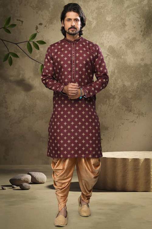 Wine Maroon Cotton Men's Kurta With Dhoti Pants