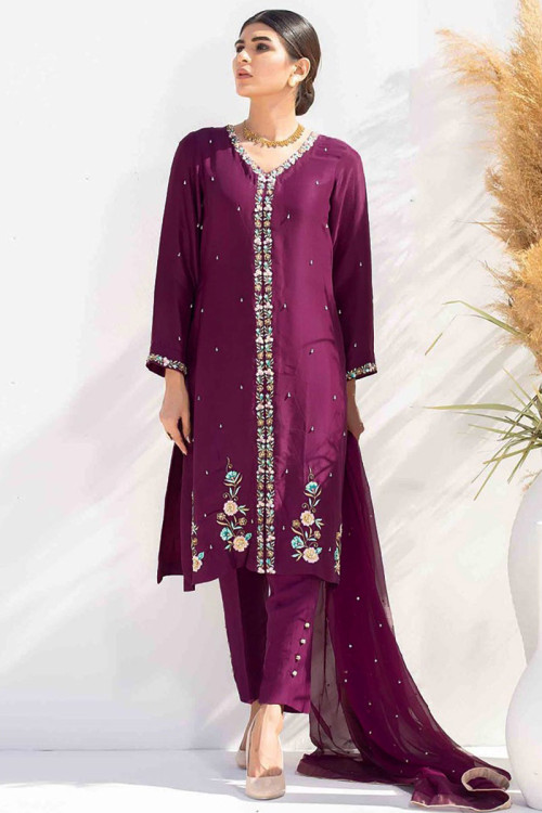 Wine Maroon Cotton Silk Embroidered Trouser Suit