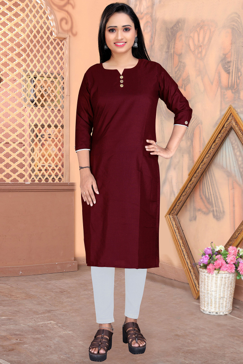 Wine Maroon Cotton Straight Cut Kurti For Casual Wear