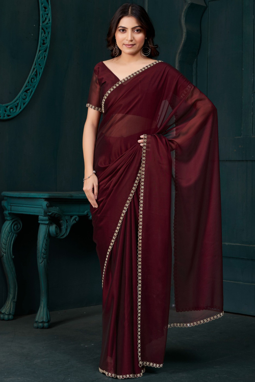 Wine Maroon Crepe Saree With Stone Work For Diwali