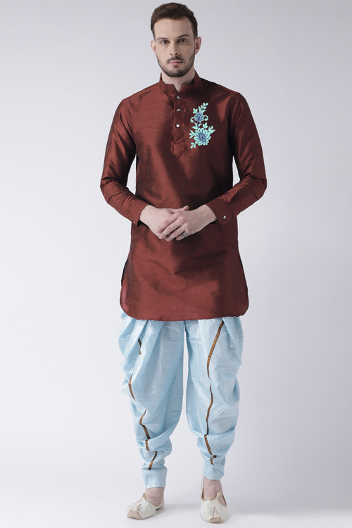 Wine Maroon Dupion Silk Embroidered Straight Cut Men's Kurta Dhoti