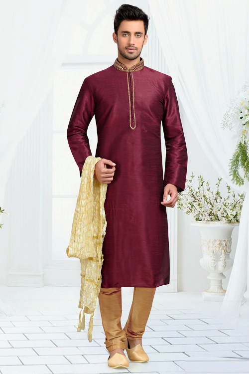 Wine Maroon Embroidered Dupion Silk Men's Kurta Churidar