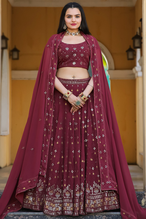 Wine Maroon Embroidered Georgette A Line Lehenga 