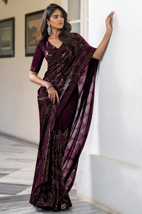 Wine Maroon Embroidered Georgette Party Wear Saree