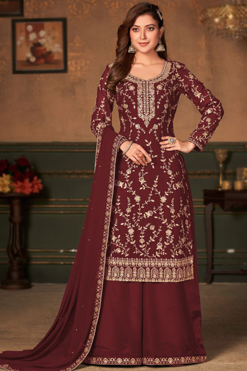 Wine Maroon Georgette Embroidered Palazzo Suit