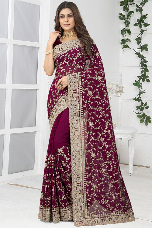 Rich #Maroon Faux #Georgette #Saree with #Blouse @ $97.88 | Shop @  http://www.utsavfashion.com/store/sarees-large.… | Utsav fashion, Indian  dresses, Bollywood dress