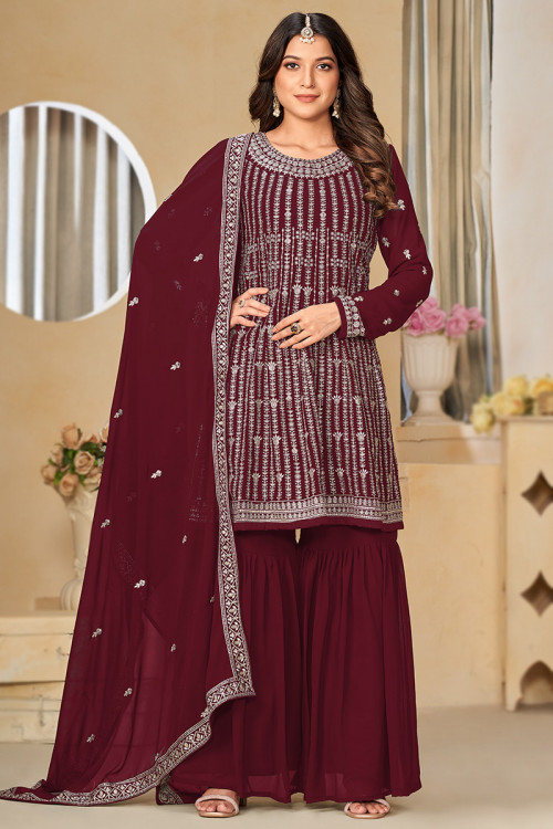 Wine Maroon Georgette Embroidered Sharara Suit For Sangeet 