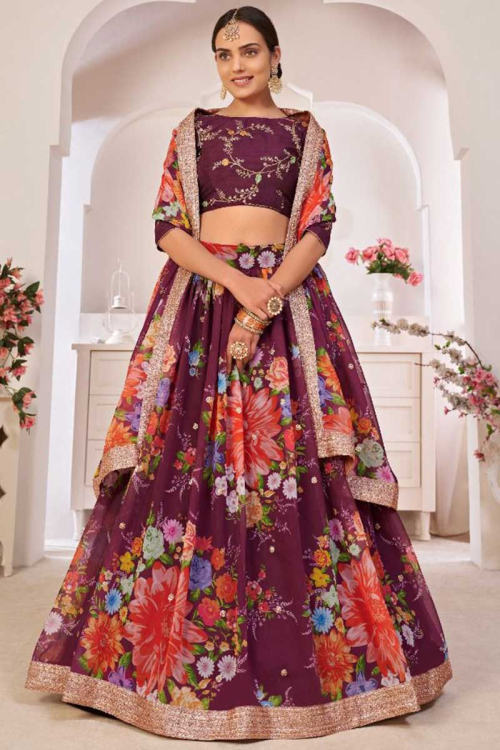 Wine Maroon Georgette Floral Printed Lehenga