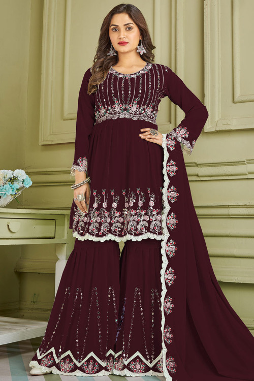 Buy Plus Size Suits Velvet Deep Red Pakistani Sharara Suit LSTV114049