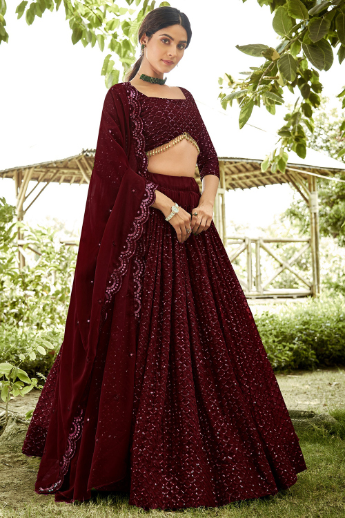 Wine Maroon Georgette Lehenga with Sequins Work for Diwali