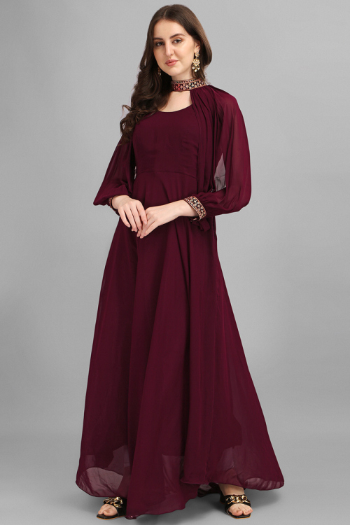 Wine Maroon Georgette Plain Gown