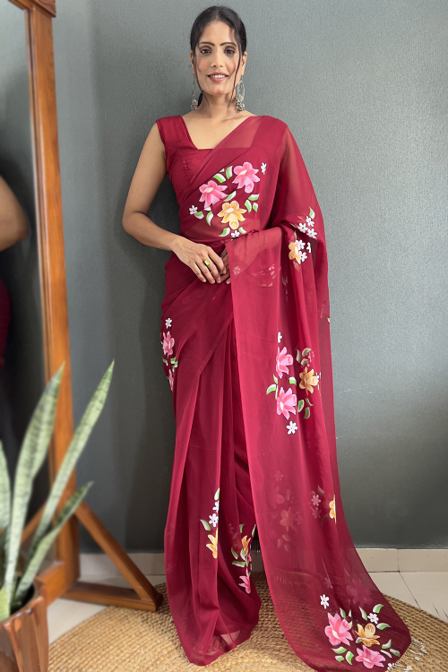 Wine Maroon Georgette Printed Casual Wear Pre-Stitched Saree