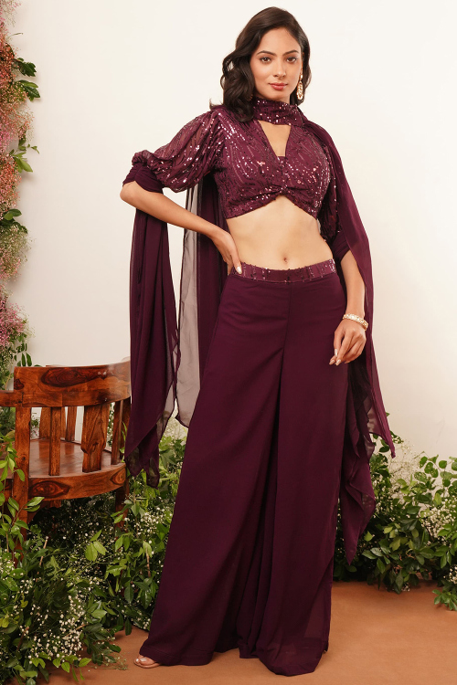 Wine Maroon Georgette Sequins Indo-Western Palazzo Suit 