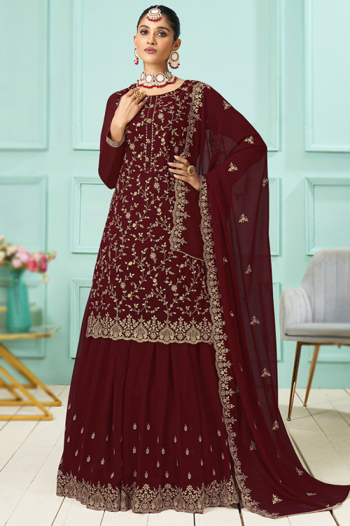 Wine Maroon Georgette Straight Cut Lehenga