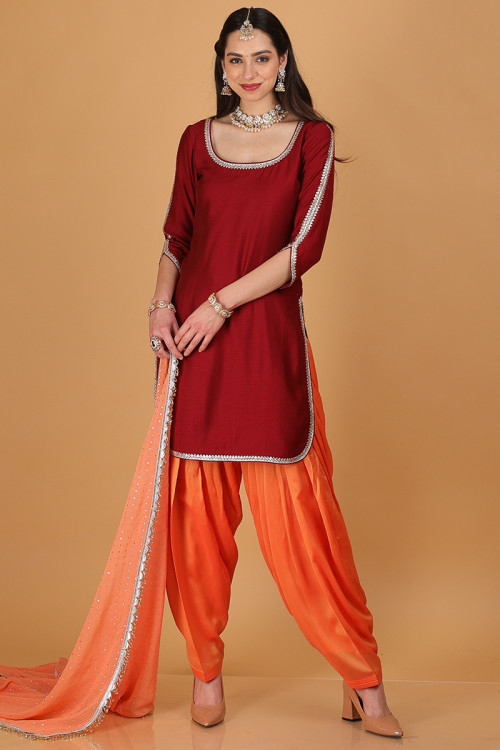 Wine Maroon Linen Embroidered Patiala Suit