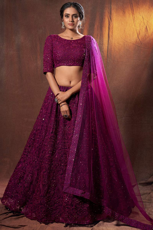 Wine Maroon Net Embroidered Indian Lehenga Blouse