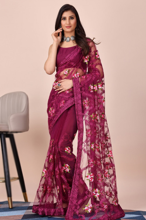 Wine Maroon Net Embroidered Light Weight Saree For Sangeet