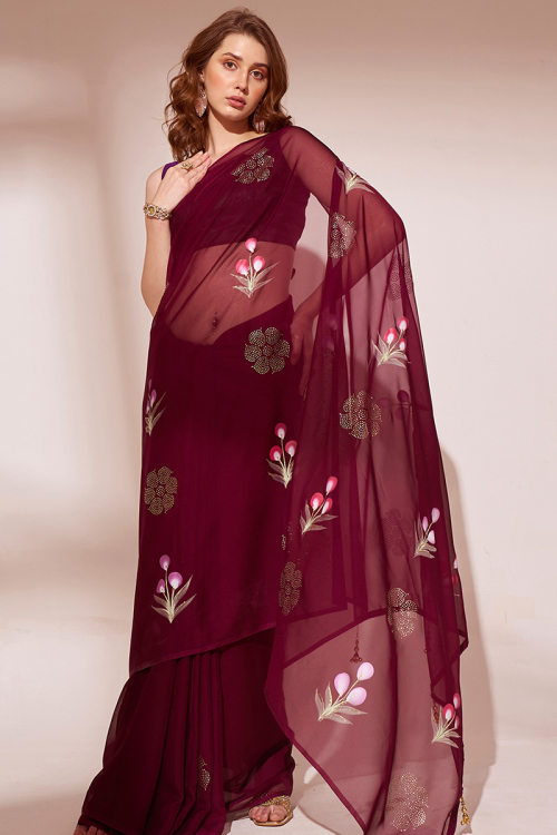 Wine Maroon Organza Printed Light Weight Saree 