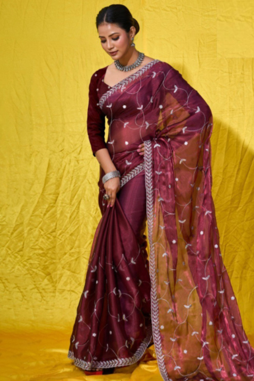Wine Maroon Organza Resham embroidered Light Weight Saree