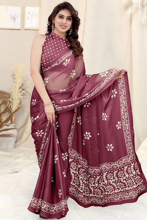 Wine Maroon Printed Light Weight Georgette Saree
