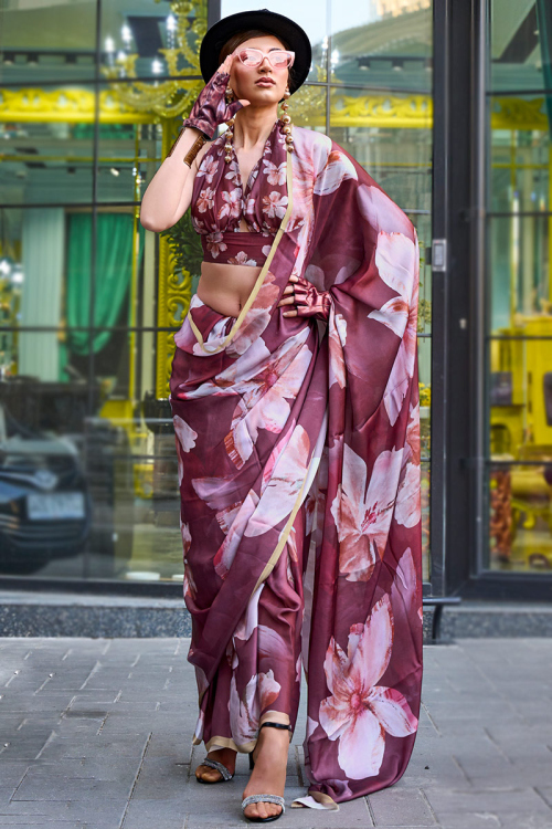 Wine Maroon Printed Satin Light Weight Saree